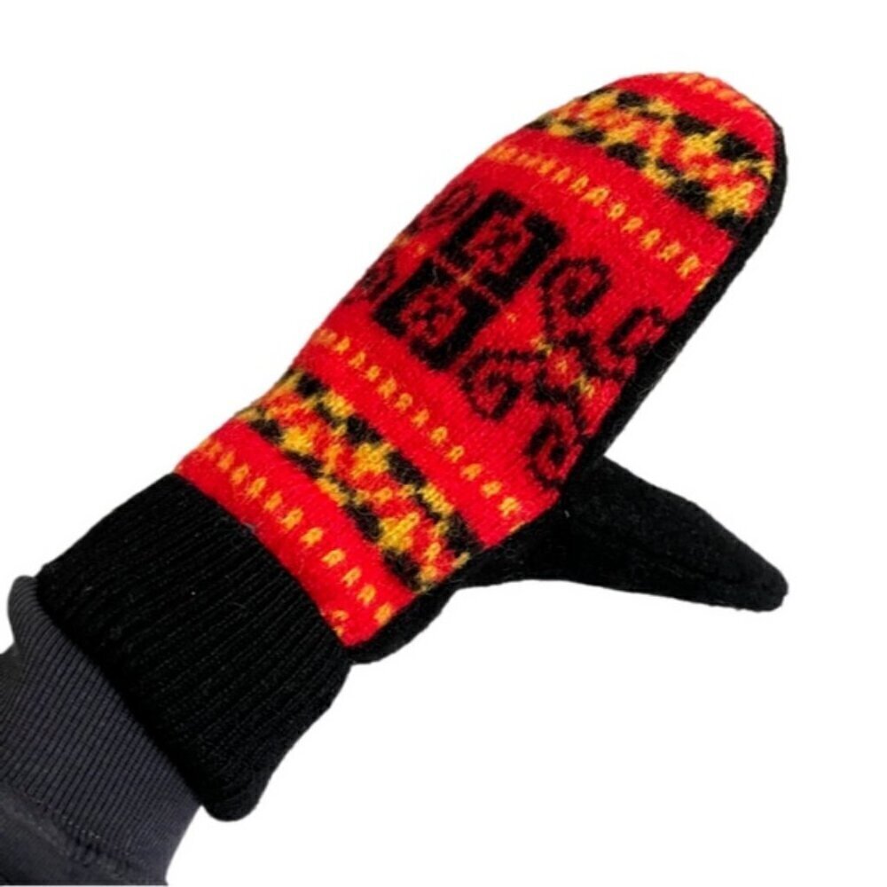 Handmade Red Black Fair Isle Snowflake Wool Mitts - S/M, NWTs